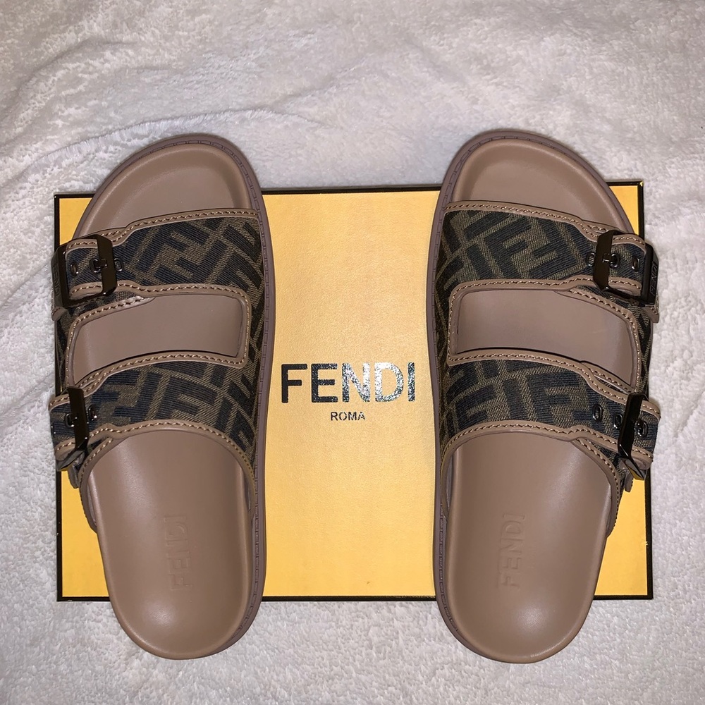 Fendi Brown Double Strap Sandals with FF Monogram